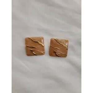 Vintage Peach Coral Swirled Enamel Gold Tone Metal Square Pierced Earrings